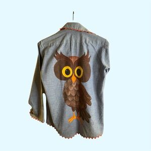 Vintage JC Penney Chambray Denim Owl Shirt Sz 16 Novelty Buttons Ric Rac Trim